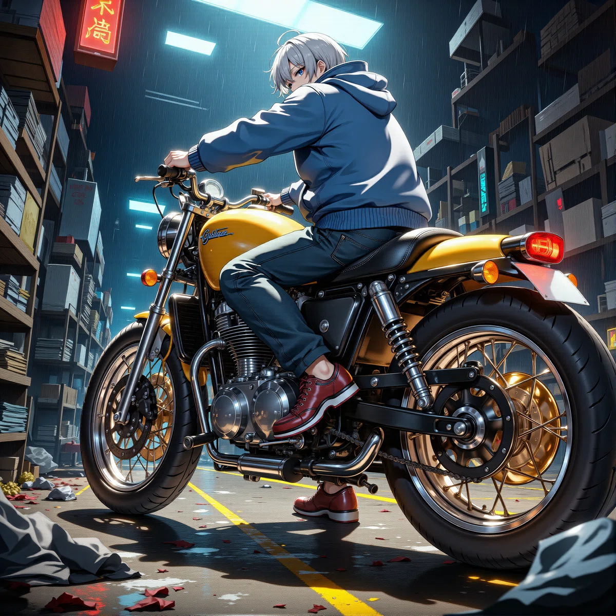 黄色いバイクに跨った青年が、今にも走り去ろうとしている様子