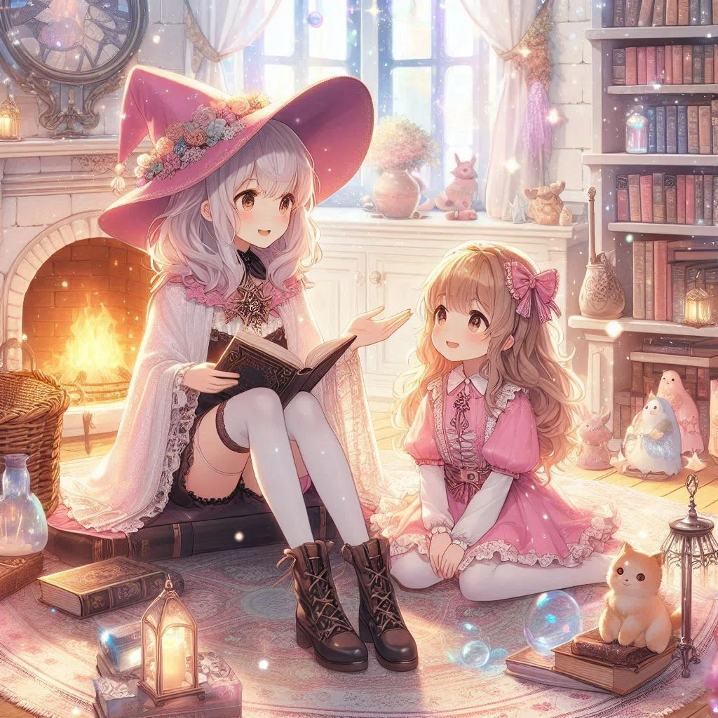 CGアニメ調の絵。魔法使いの女の子とお母さんが暖炉のある部屋で、本を読み聞かせながら、やさしく語り合う絵。白とピンクを基調にした明るく楽しげな、輝く雰囲気の絵。周囲には本棚、絨毯、置物、魔法の道具がある。全体的に優しく淡い色合いが美しいやや抽象的な、ロマンチックで優しい絵。