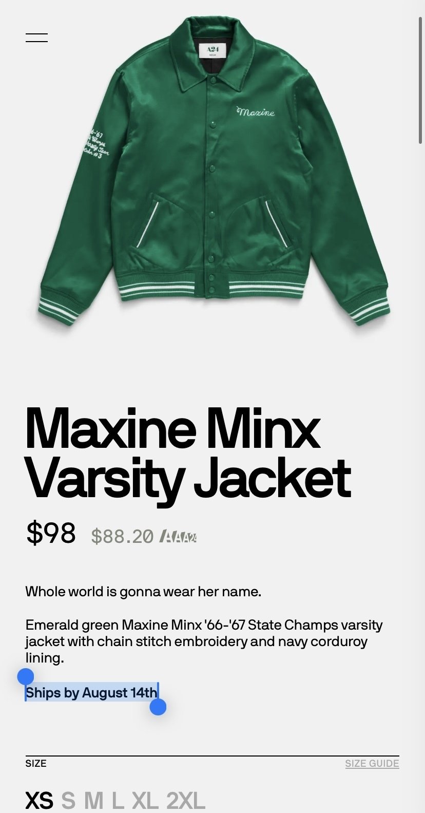 A24 Varsity Jacket Maxine ミアゴス XSサイズ