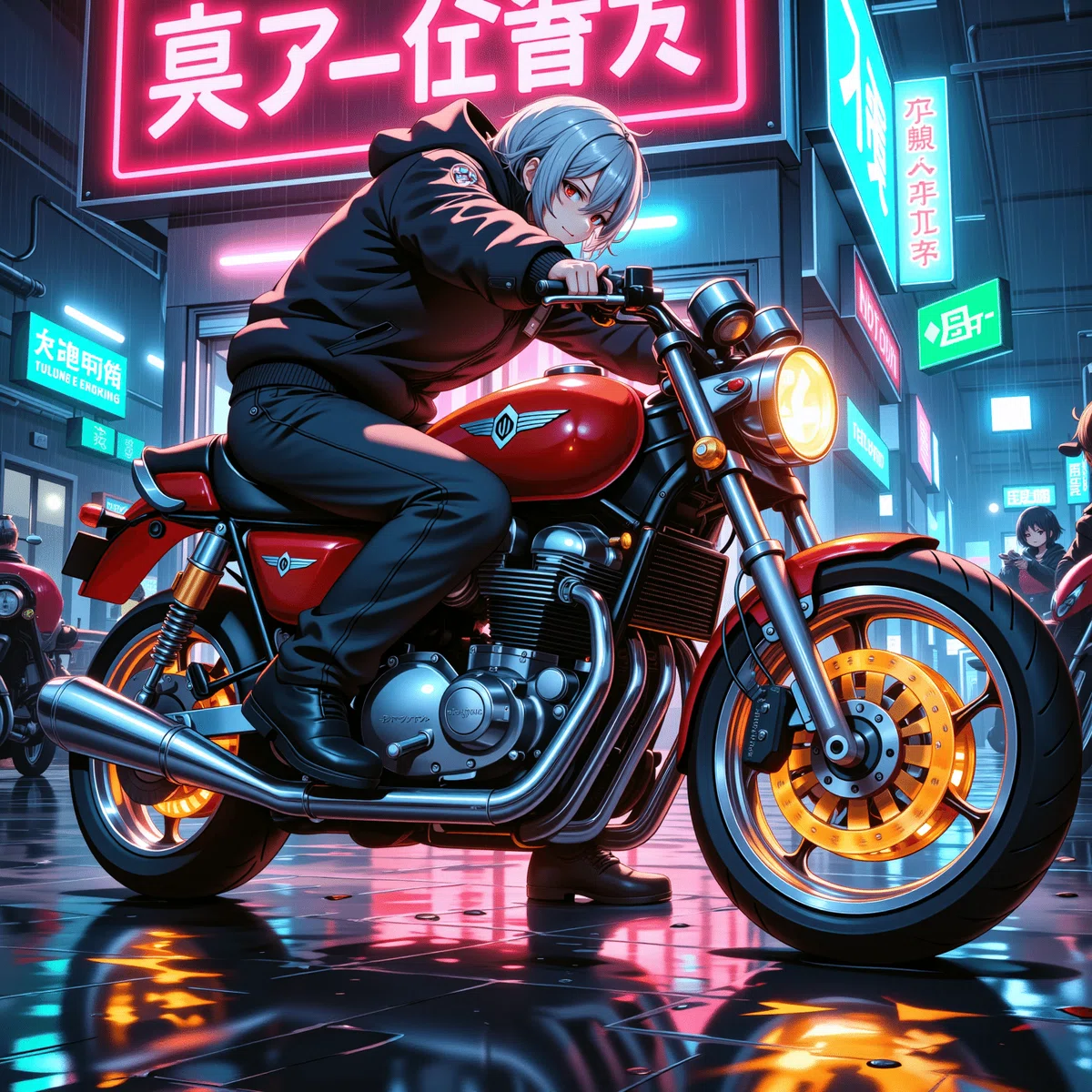 サイバーパンク風のネオンとバイクのイラスト1