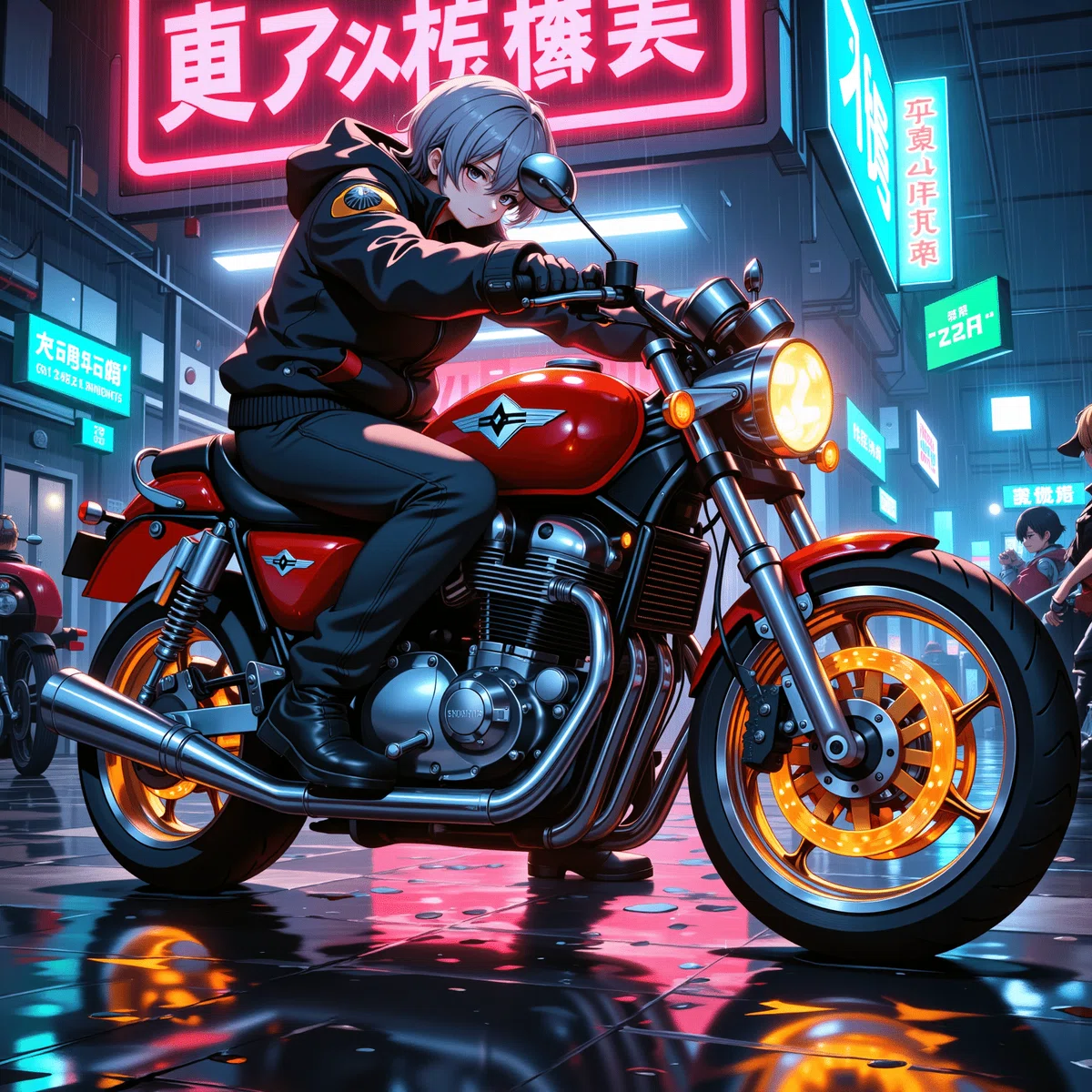 サイバーパンク風のネオンとバイクのイラスト2