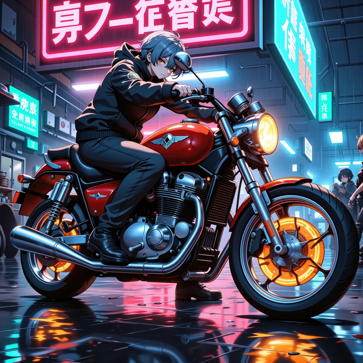 サイバーパンク風のネオンとバイクのイラスト4