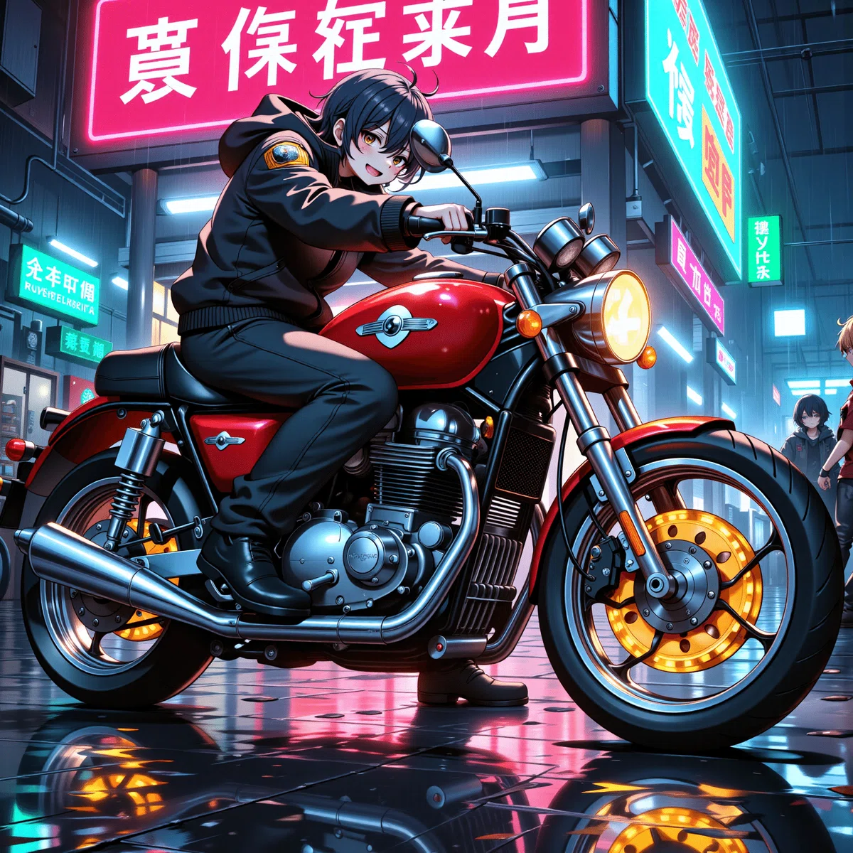 サイバーパンク風のネオンとバイクのイラスト5