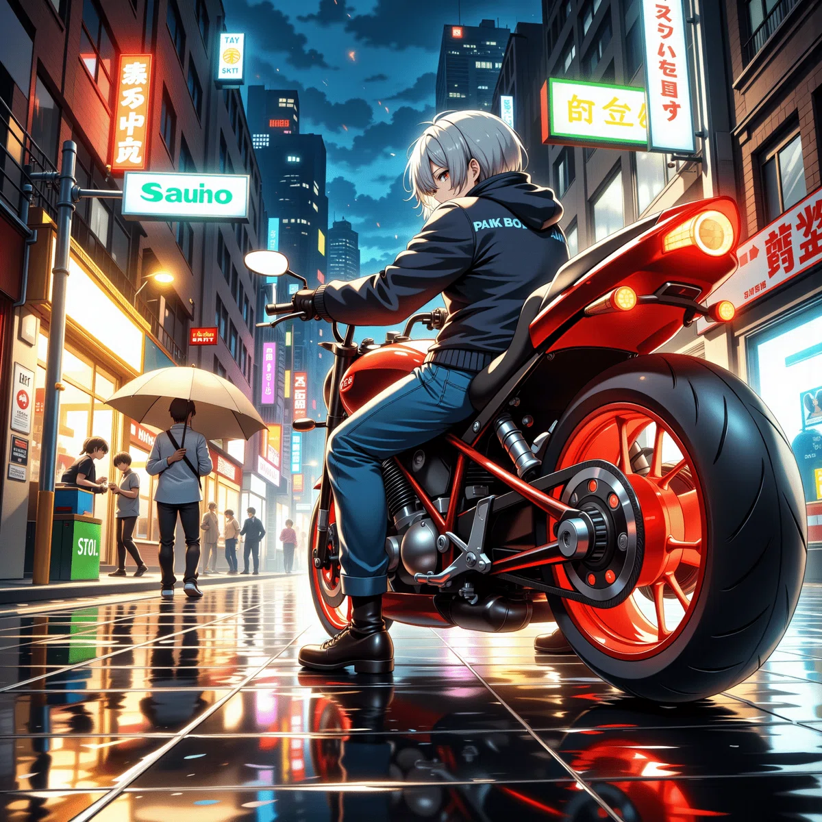 雨の夜のネオン街とバイクのイラスト1