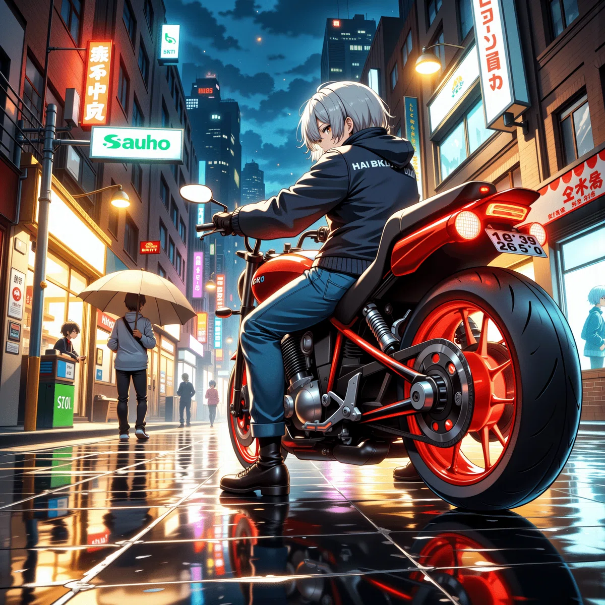 雨の夜のネオン街とバイクのイラスト2