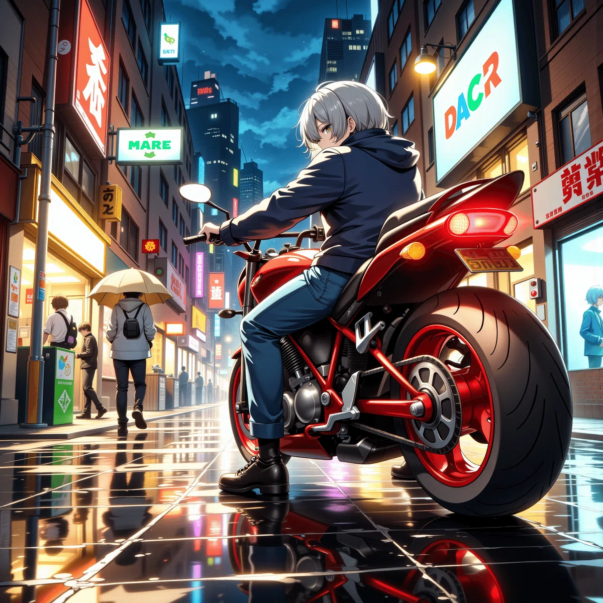 雨の夜のネオン街とバイクのイラスト4