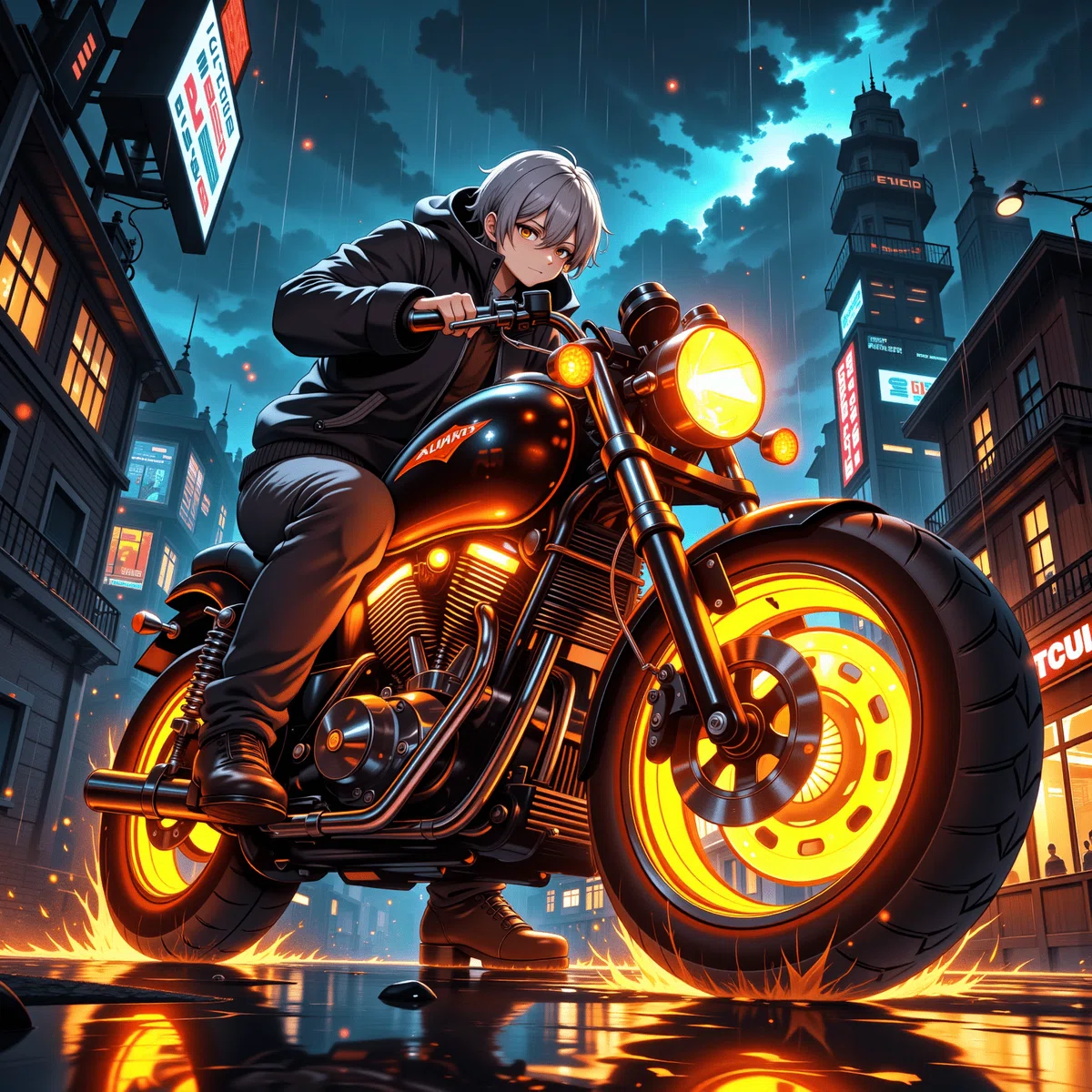 サイバーパンクの世界で大きなバイクを下から見上げたイラスト1