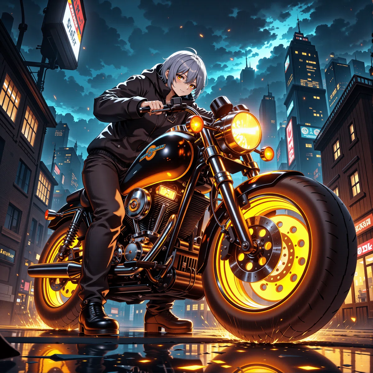 サイバーパンクの世界で大きなバイクを下から見上げたイラスト2