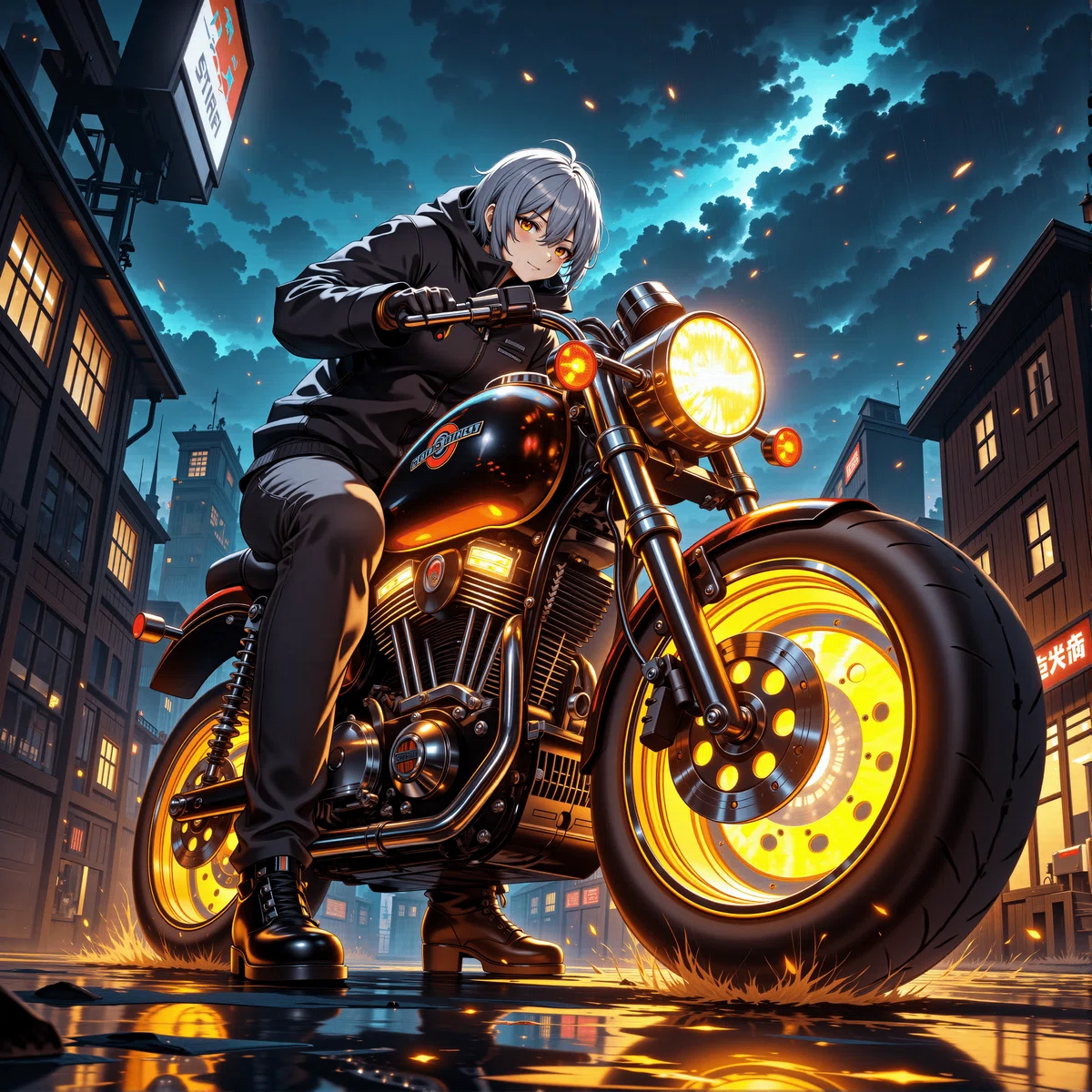 サイバーパンクの世界で大きなバイクを下から見上げたイラスト3