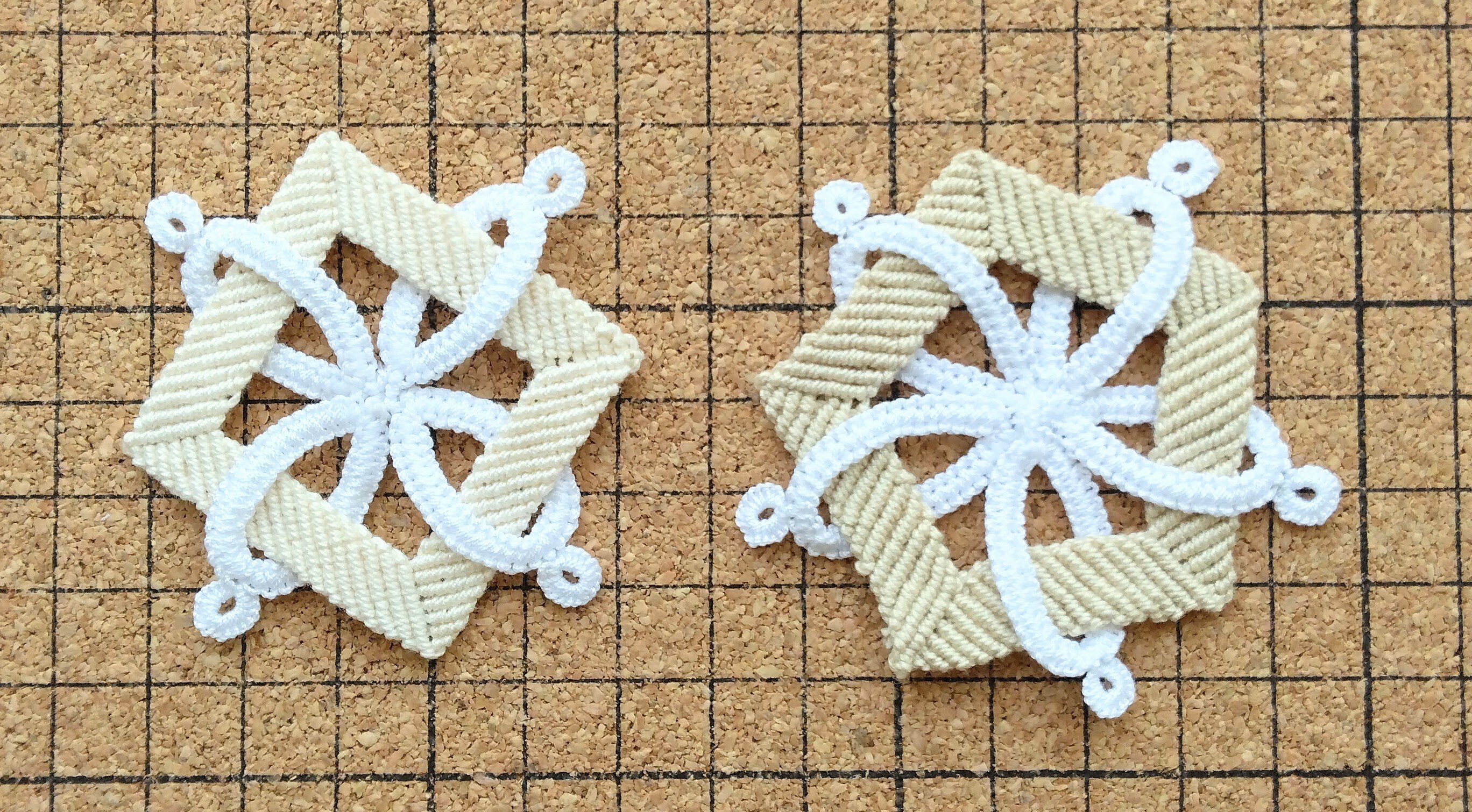 マクラメ編みアート＃010『右手の龍と左手の獅子』＆『マリアの心臓』 マクラメと「左右タティング」でこんなのできた！ 五角ヴァージョンも