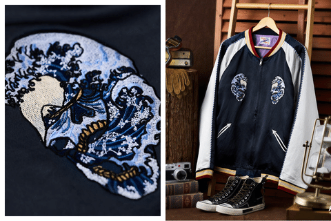 karaku] 横須賀「ドクロ、蛇と波」浮世絵刺繡入りスカジャン karaku