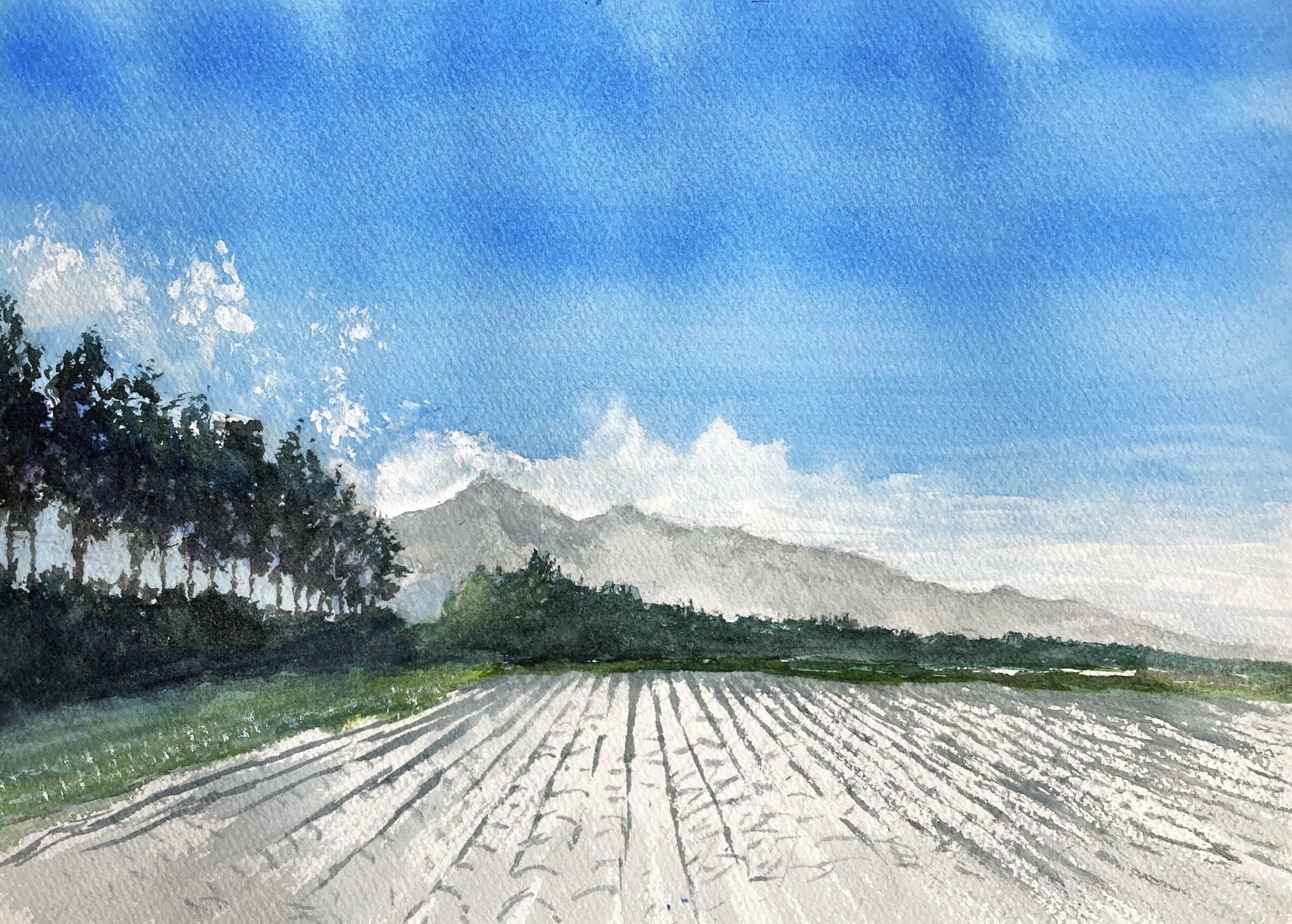 水彩5色描き(31)遠くの山は？野辺山サイクリング途中｜tatatotoya