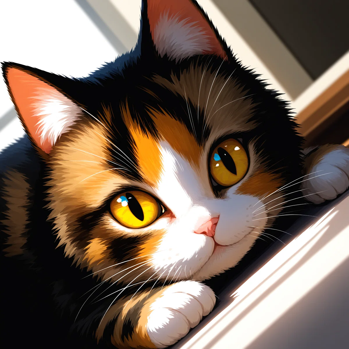 カメラを傾けて可愛い子猫の顔を捉えたアニメ風のイラスト