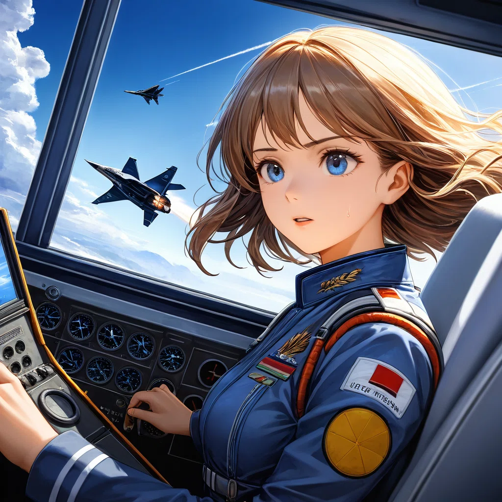 緊張しながら初めて戦闘機を操縦する女性パイロットのイラストのラフ画