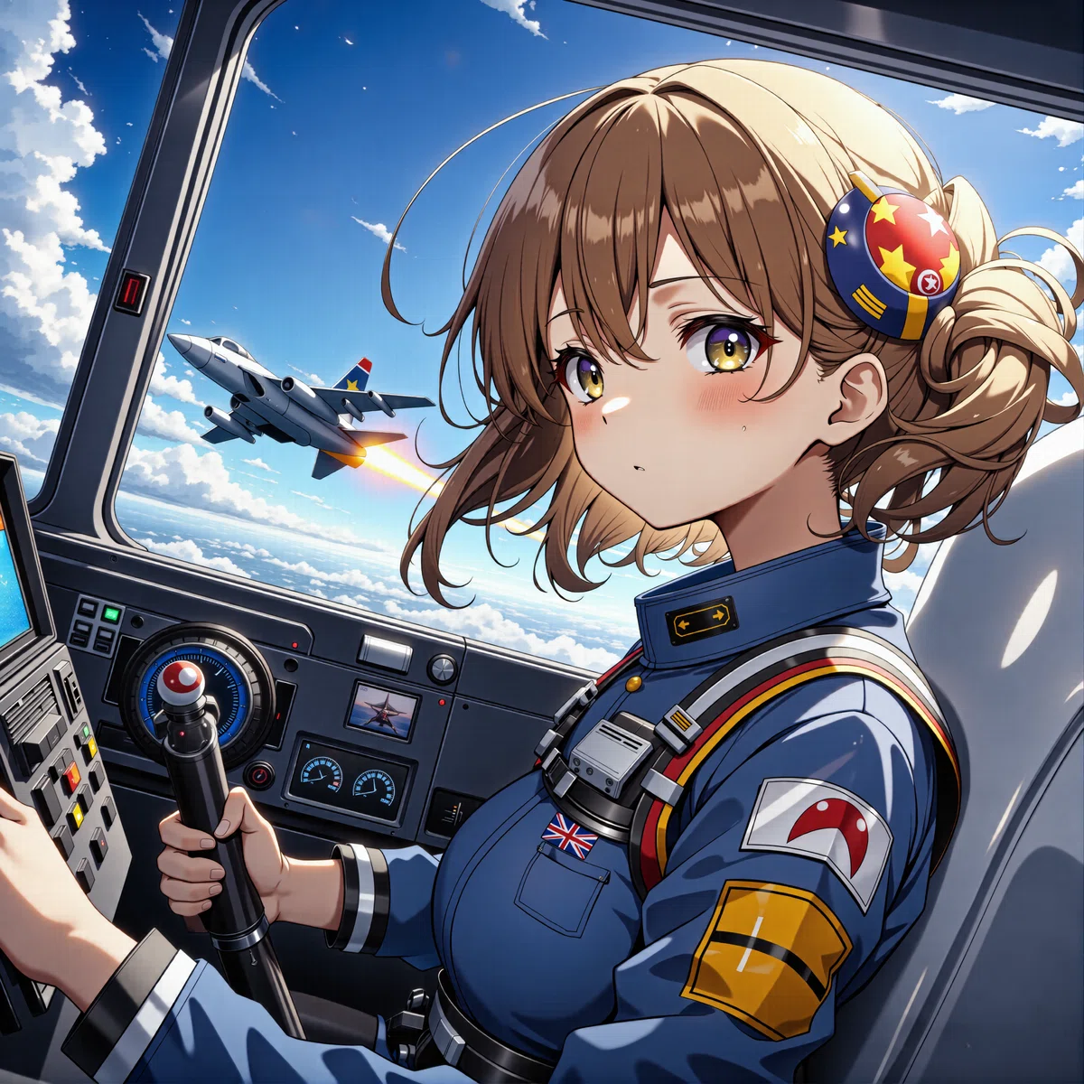 緊張しながら初めて戦闘機を操縦する女性パイロットのイラストの高解像度画