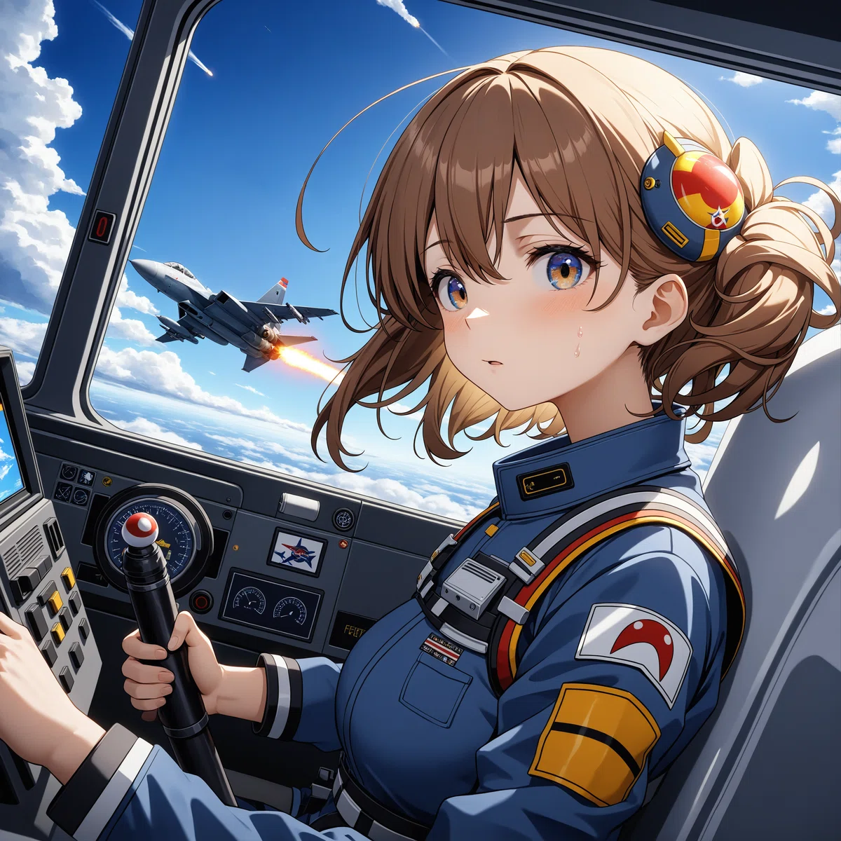 緊張しながら初めて戦闘機を操縦する女性パイロットのイラストの仕上げ