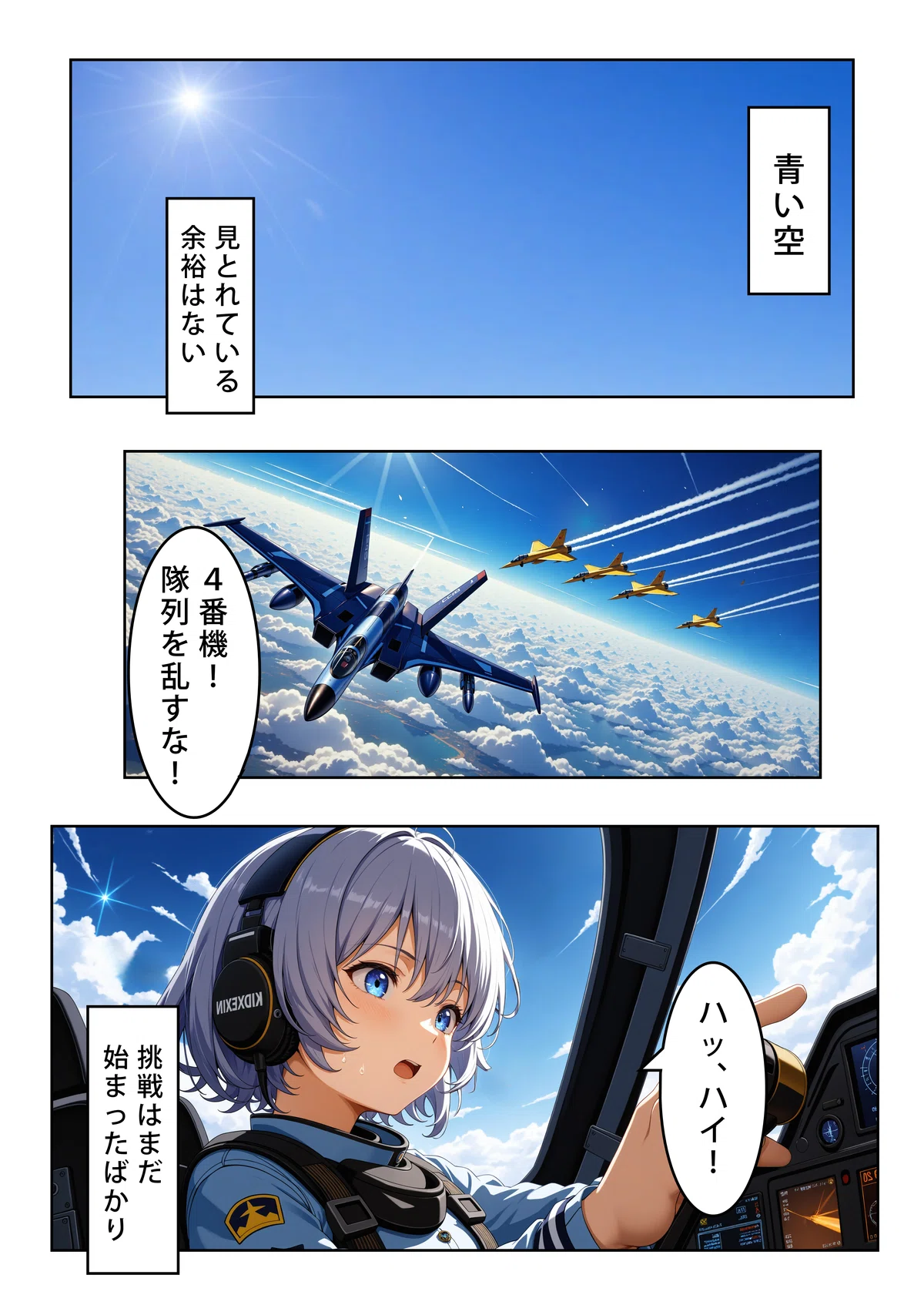 女性新人パイロットが戦闘機の初飛行で編隊飛行に挑む4コマ漫画