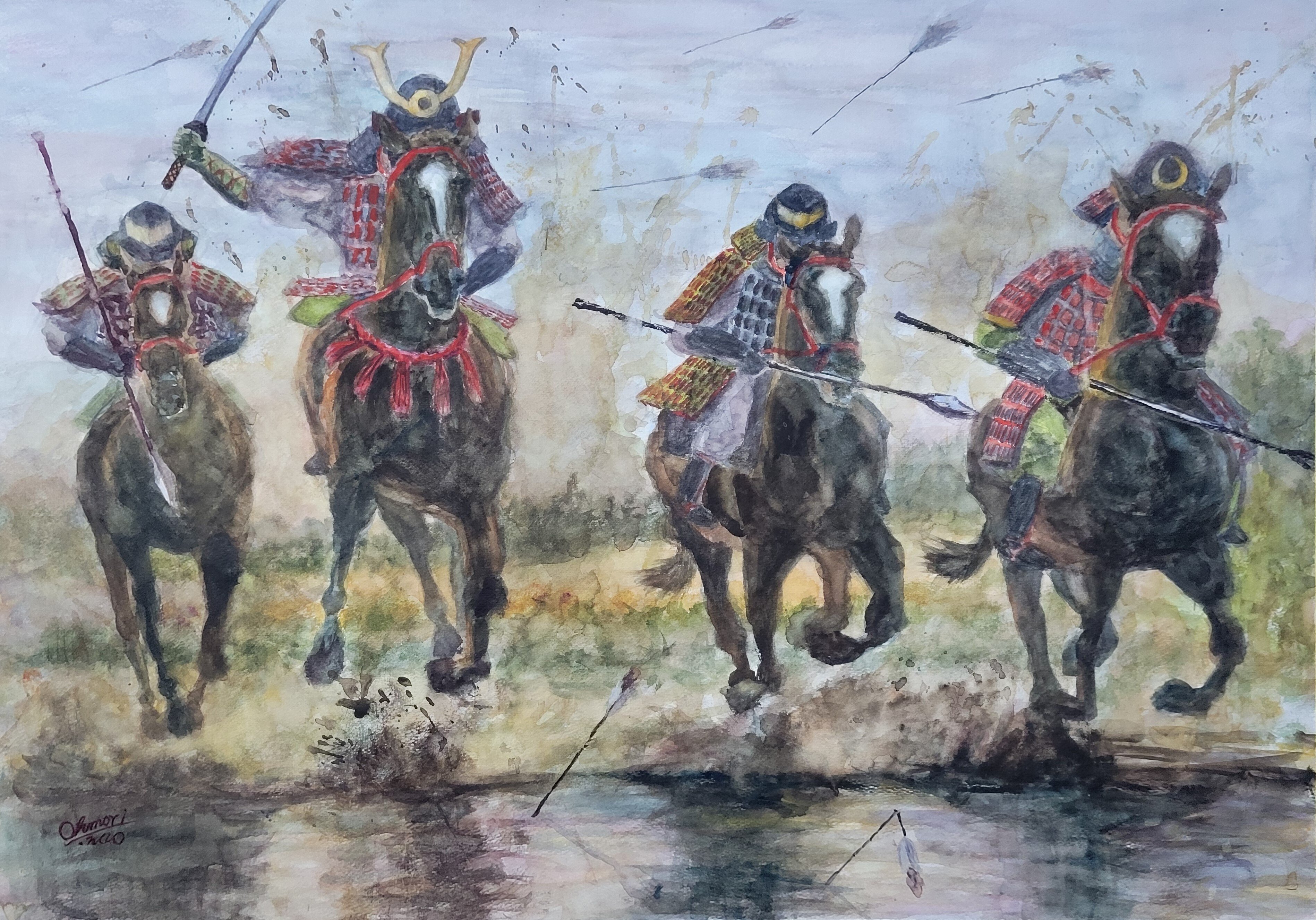 騎馬武者は 前に進むのみ」（透明水彩B4≒P20号）｜おおもり なお
