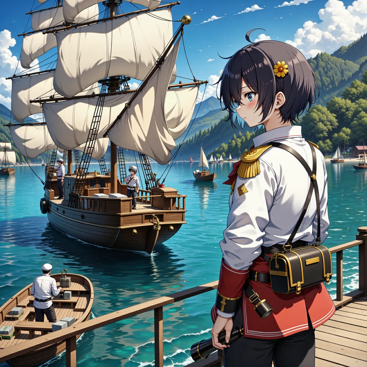 Q_8 の湾内に帆船が停泊するイラスト