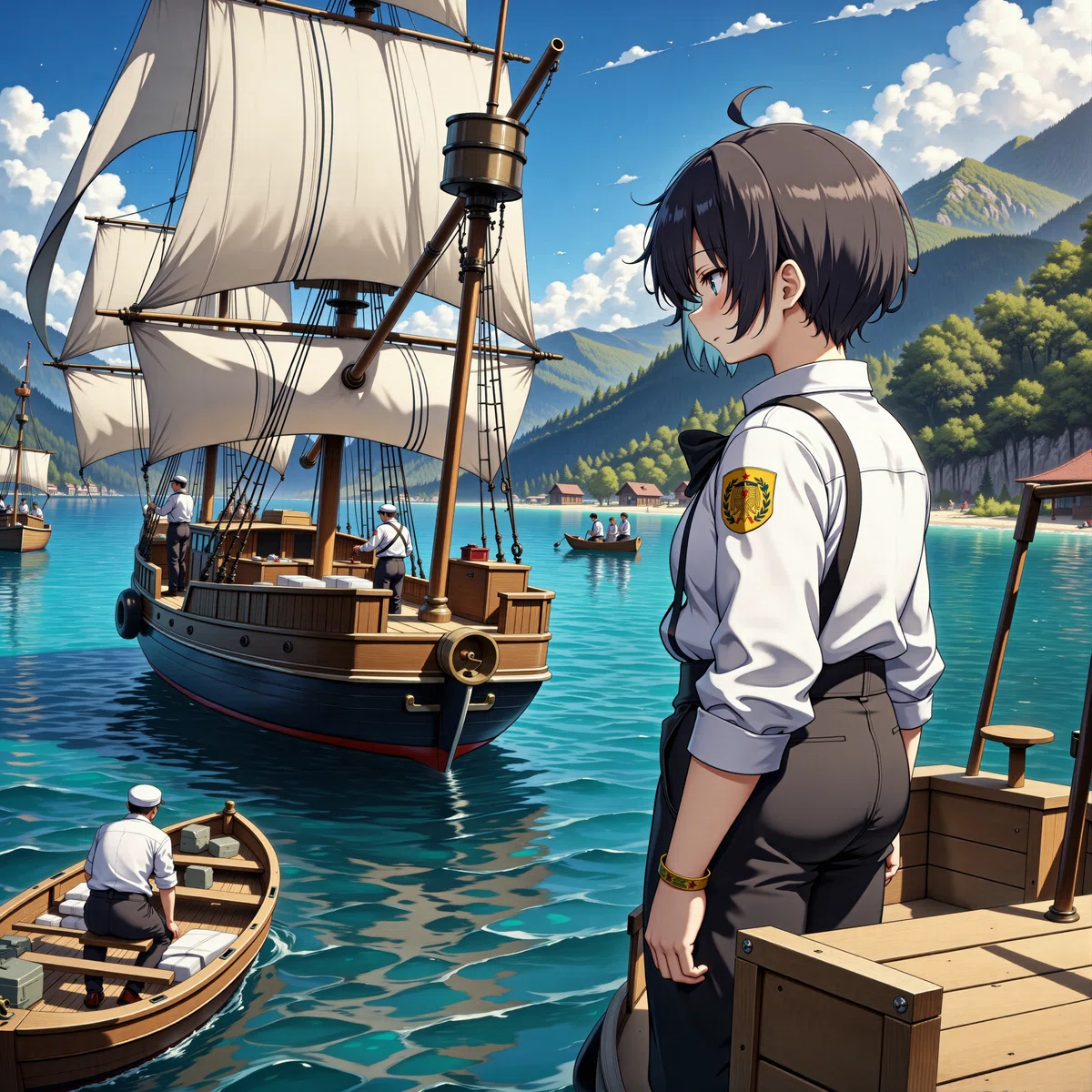 Q_4_K_M の湾内に帆船が停泊するイラスト