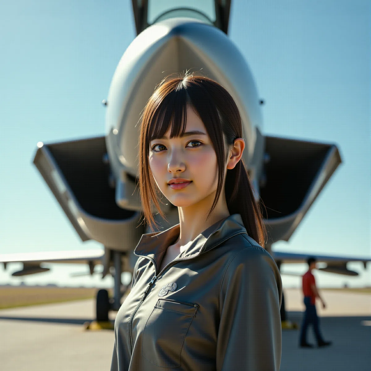 戦闘機を背景に地上で女性パイロットがこちらを見ている実写風のイラスト
