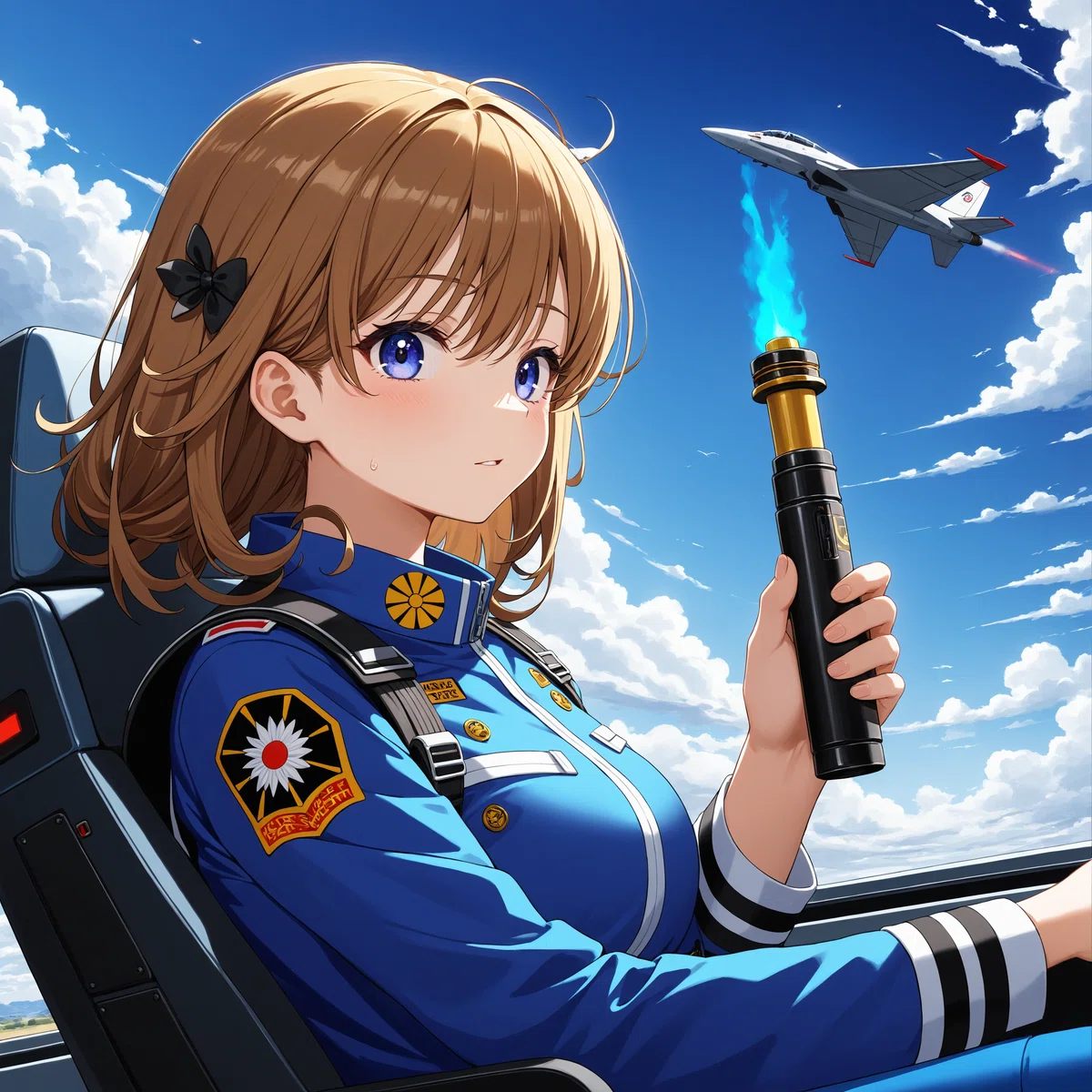 戦闘機の女性新人パイロットが戦闘機のコックピット内で火を燃やしている様子のイラスト