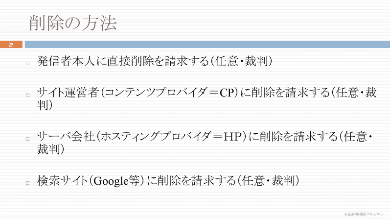 削除の方法。1.発信者本人に直接削除を請求する（任意・裁判）2.サイト運営者（コンテンツプロバイダー=CP）に削除を請求する（任意・裁判）3.サーバ会社（ホスティングプロバイダ=HP）に削除を請求する（任意・裁判）4.検索サイト（Googleなど）に削除を請求する（任意・裁判）