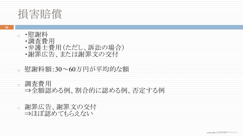 損害賠償 慰謝料は調査費用、弁護士費用（ただし、訴訟の場合）、謝罪広告または謝罪文の交付。慰謝料額は30〜60万円が平均的な額。調査費用は全額認める例、割合的に認める例、否定する例がある。謝罪広告、謝罪文の交付は、ほぼ認めてもらえない