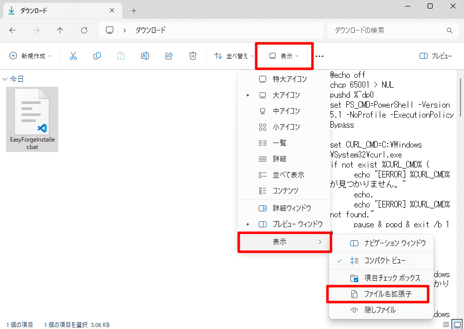 エクスプローラのファイル拡張子の表示設定のスクリーンキャプチャ