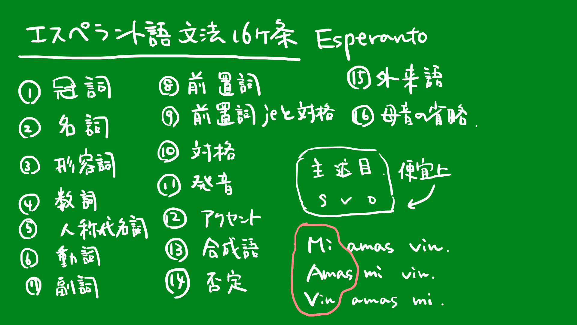 エスペラント文法16か条まとめ｜一伏はっか