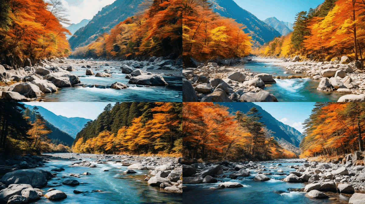 川辺の風景 無料公開】Midjourney プロンプト：川辺の紅葉｜AI情報誌 KENTO