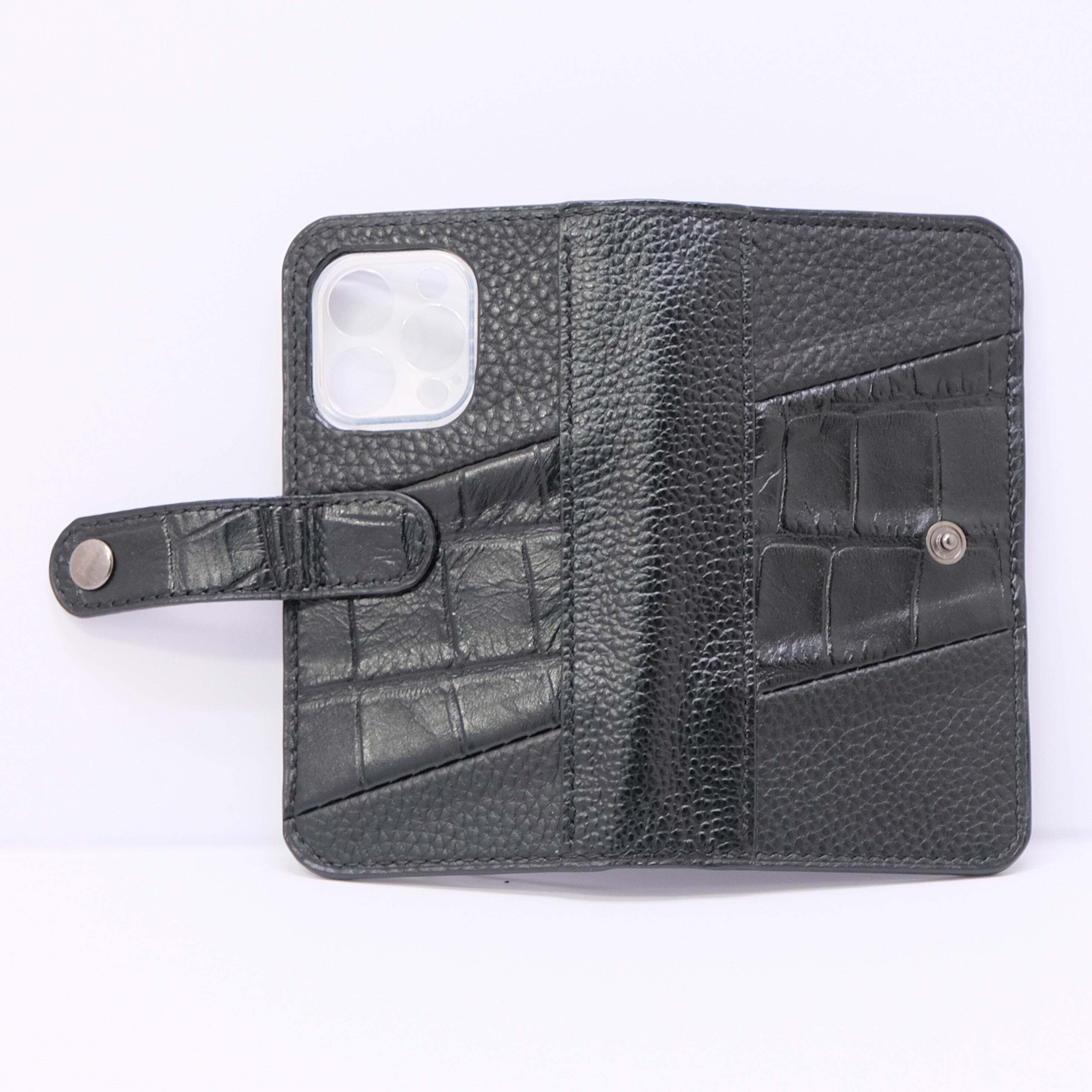 レザークラフト作品363～iPhone16Proケース【割り伏せ縫い・ブラック