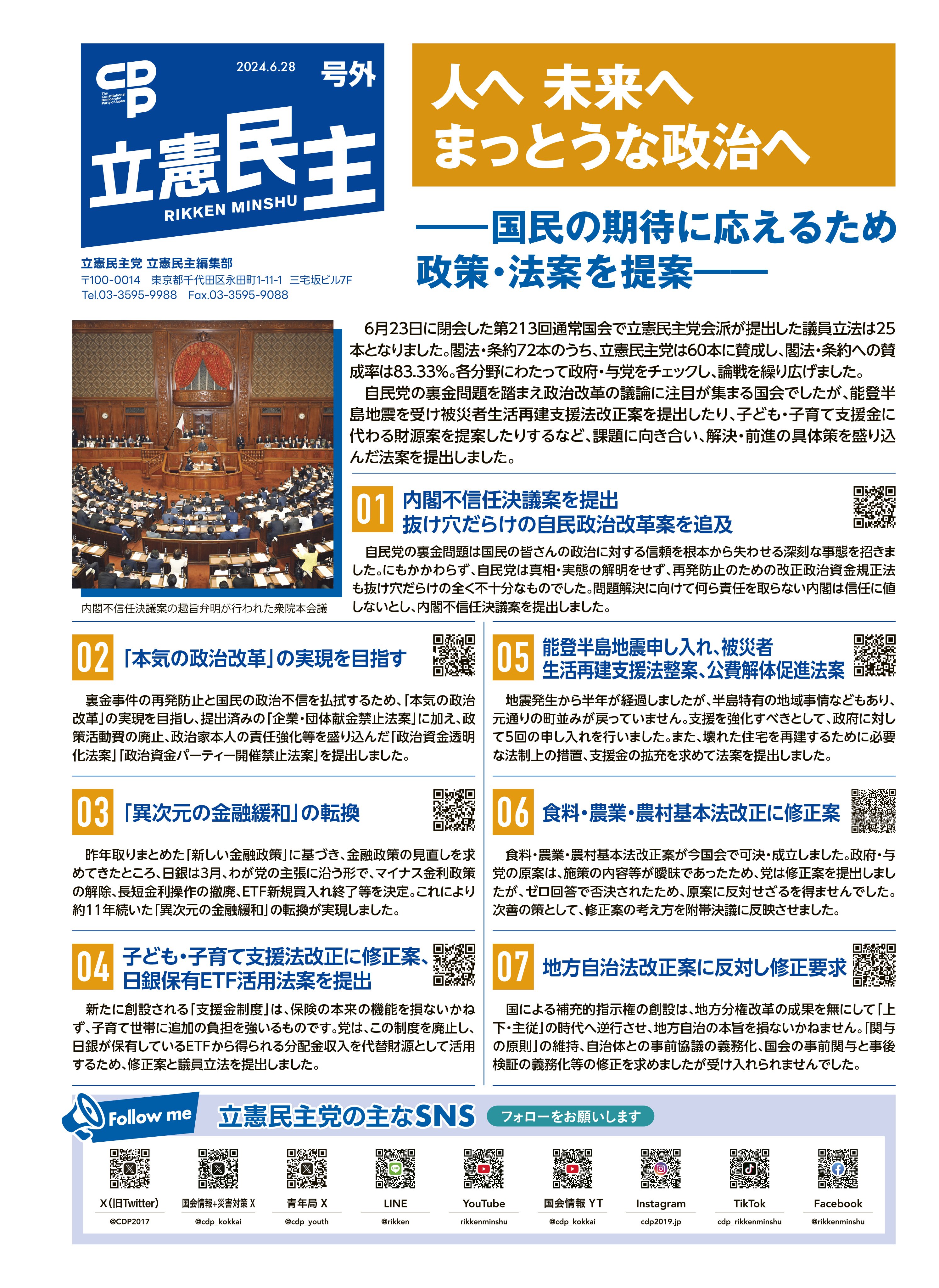 国会】りっけん、法案などの賛成率は88.33％、議員立法提案25本｜酒井