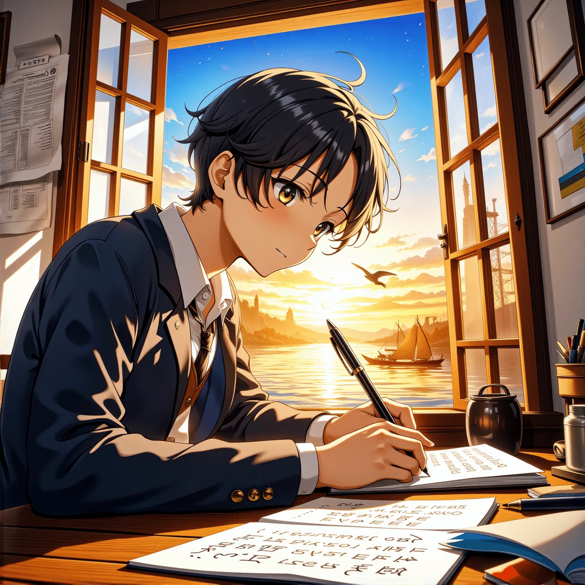 黒色の髪の男子高校生が机でノートを書きながら勉強しているイラスト