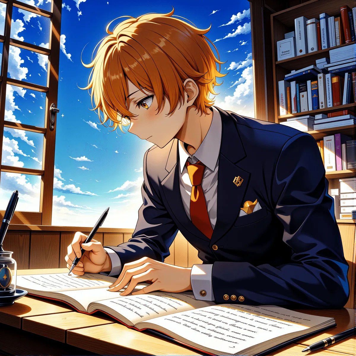 オレンジ色の髪の男子高校生が机でノートを書きながら勉強しているイラスト