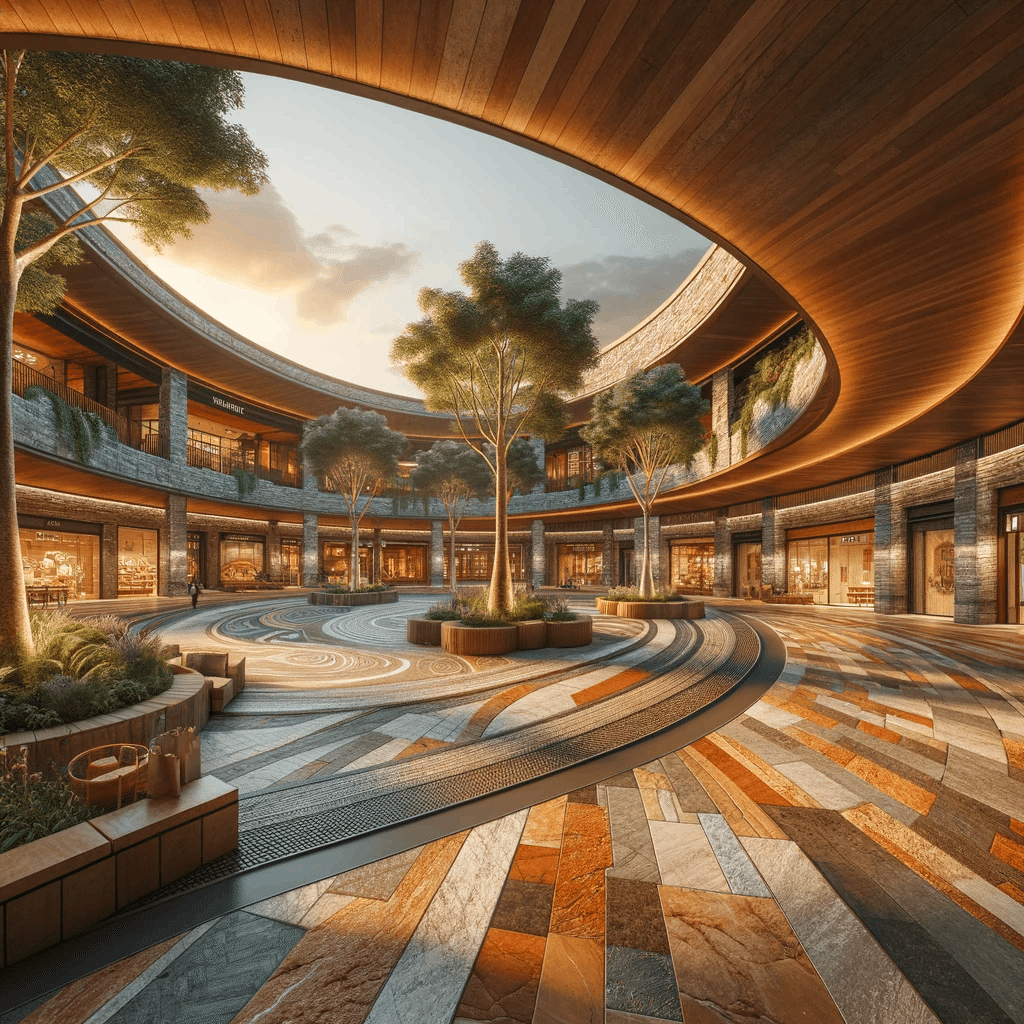 プロンプト「Outdoor plaza with trees, Rustic, Natural stone, Sunset lighting, Warm, Circular, leading lines, Low angle, Seating area, Texture of the stone, Oranges, browns, greens」で生成された画像