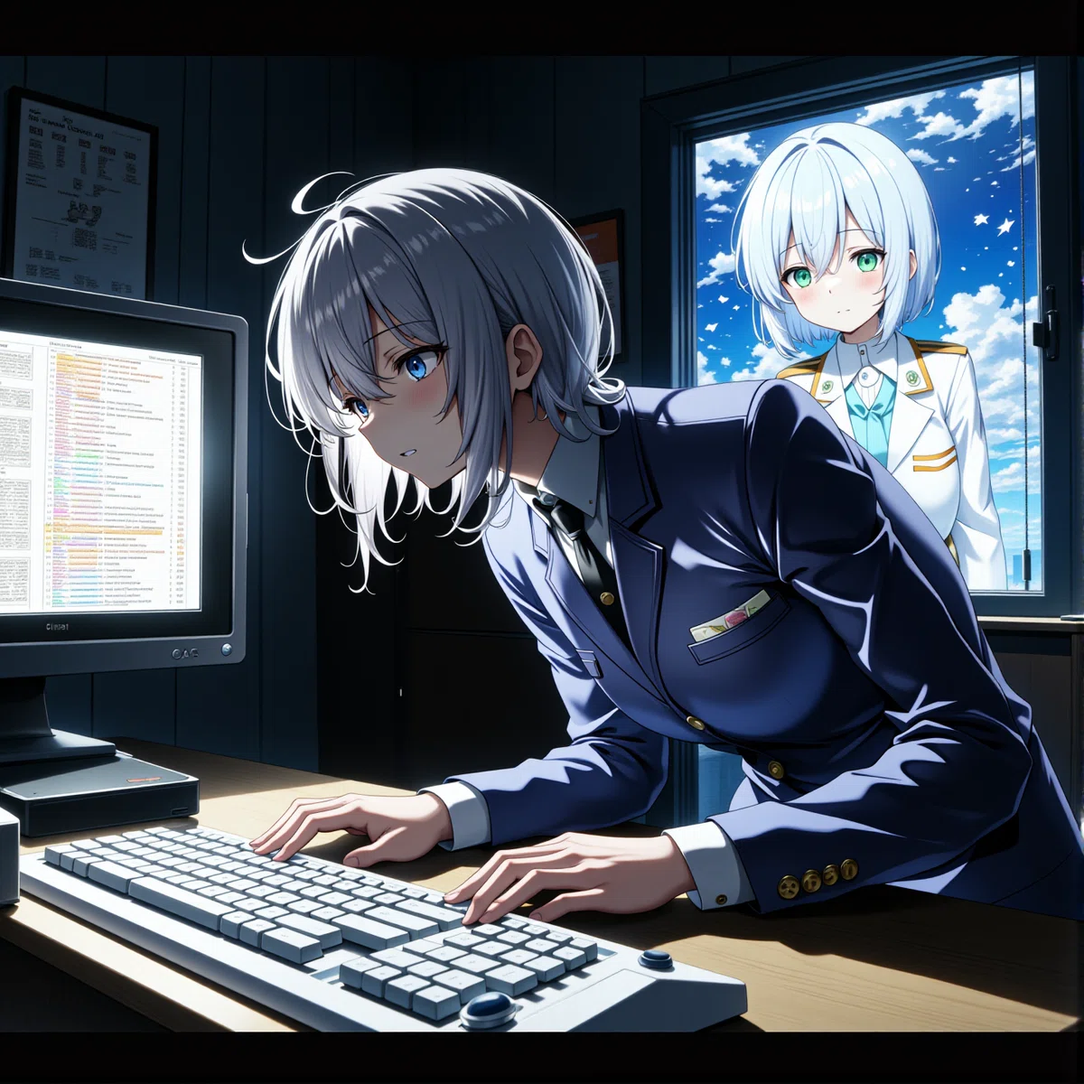 若い女性が暗い自室でパソコンを操作しているイラスト2枚目
