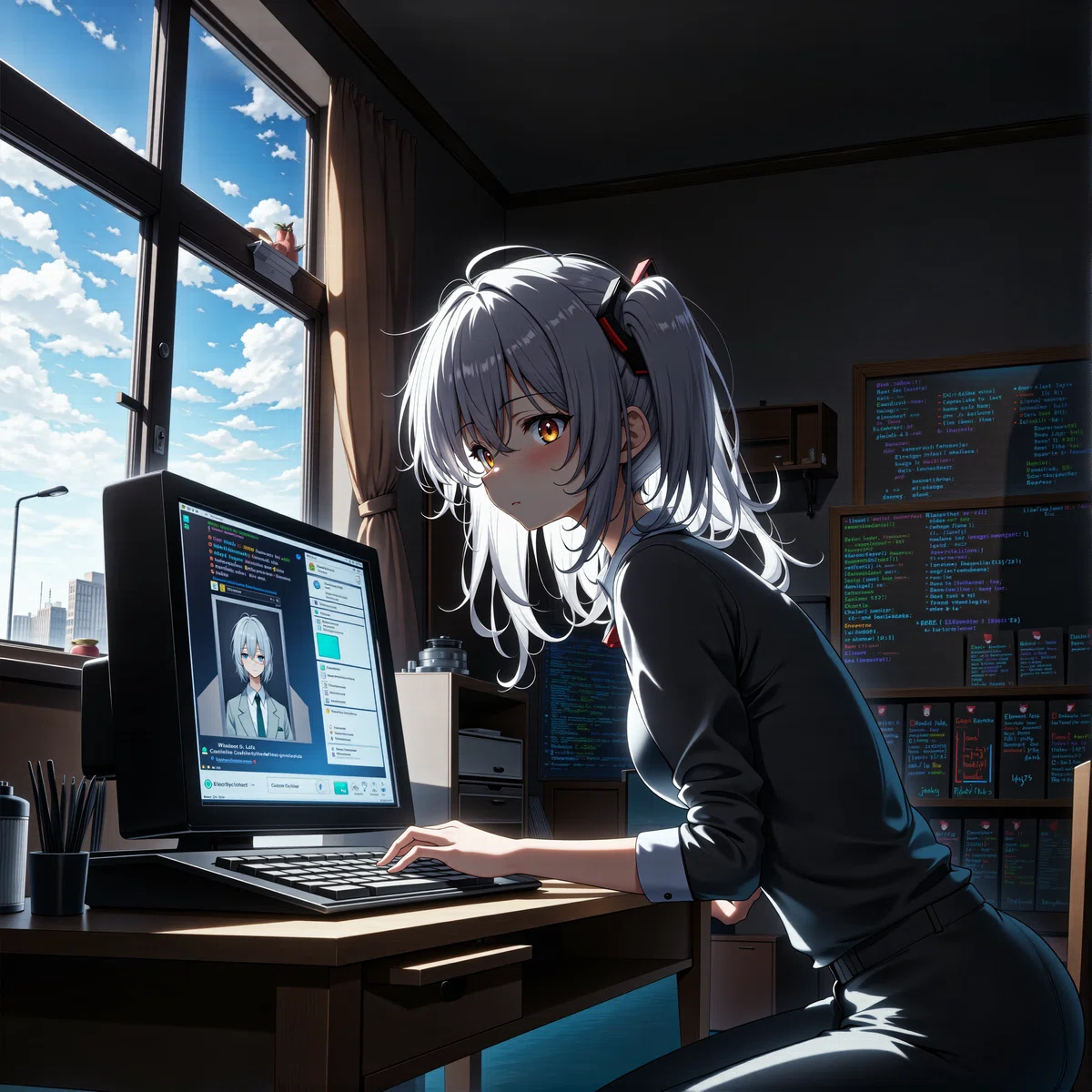 やや細身の白い髪の若い女性が暗い自室でパソコンを操作しているイラスト