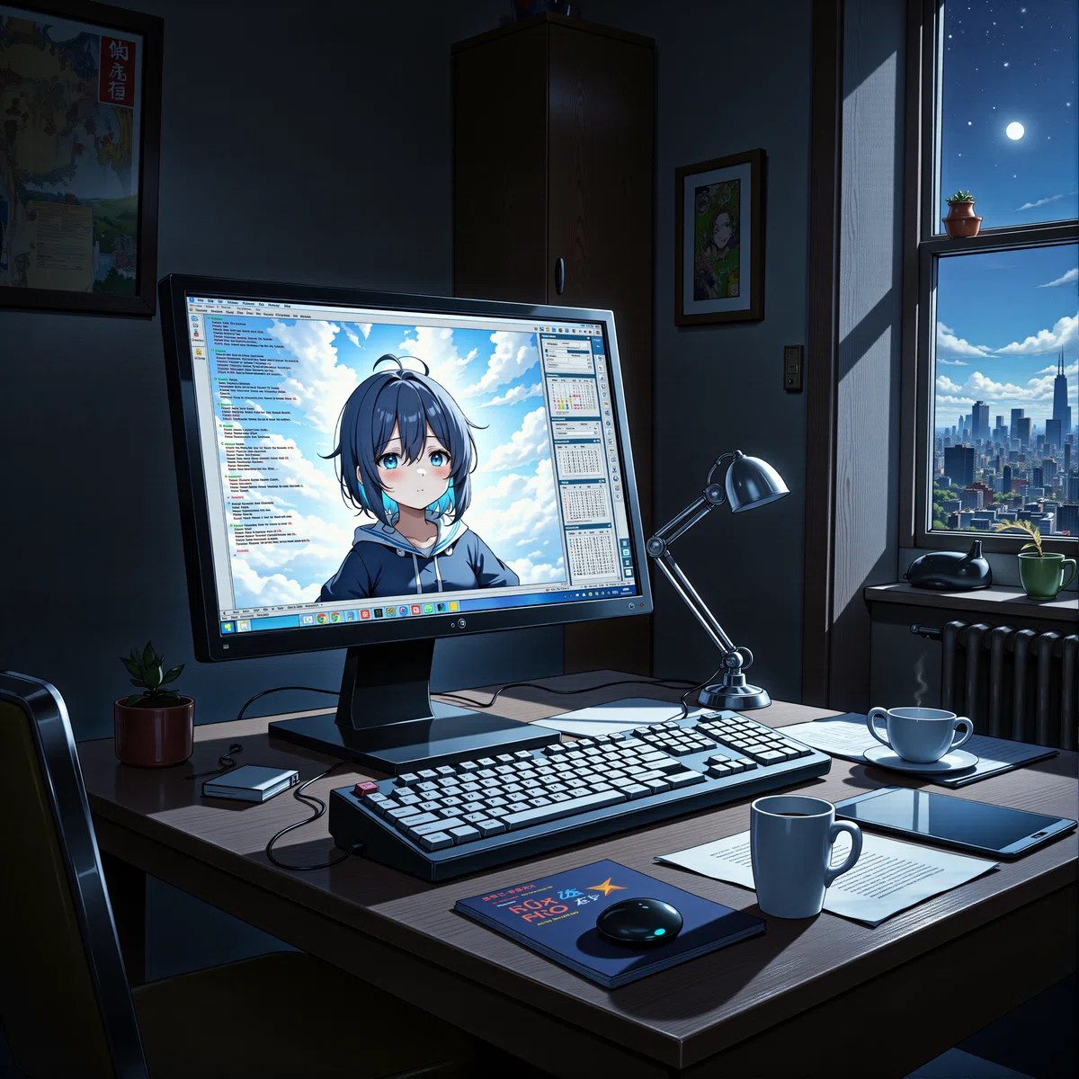 人のいないデスクのパソコンのモニターに女の子の画像が写っているイラスト