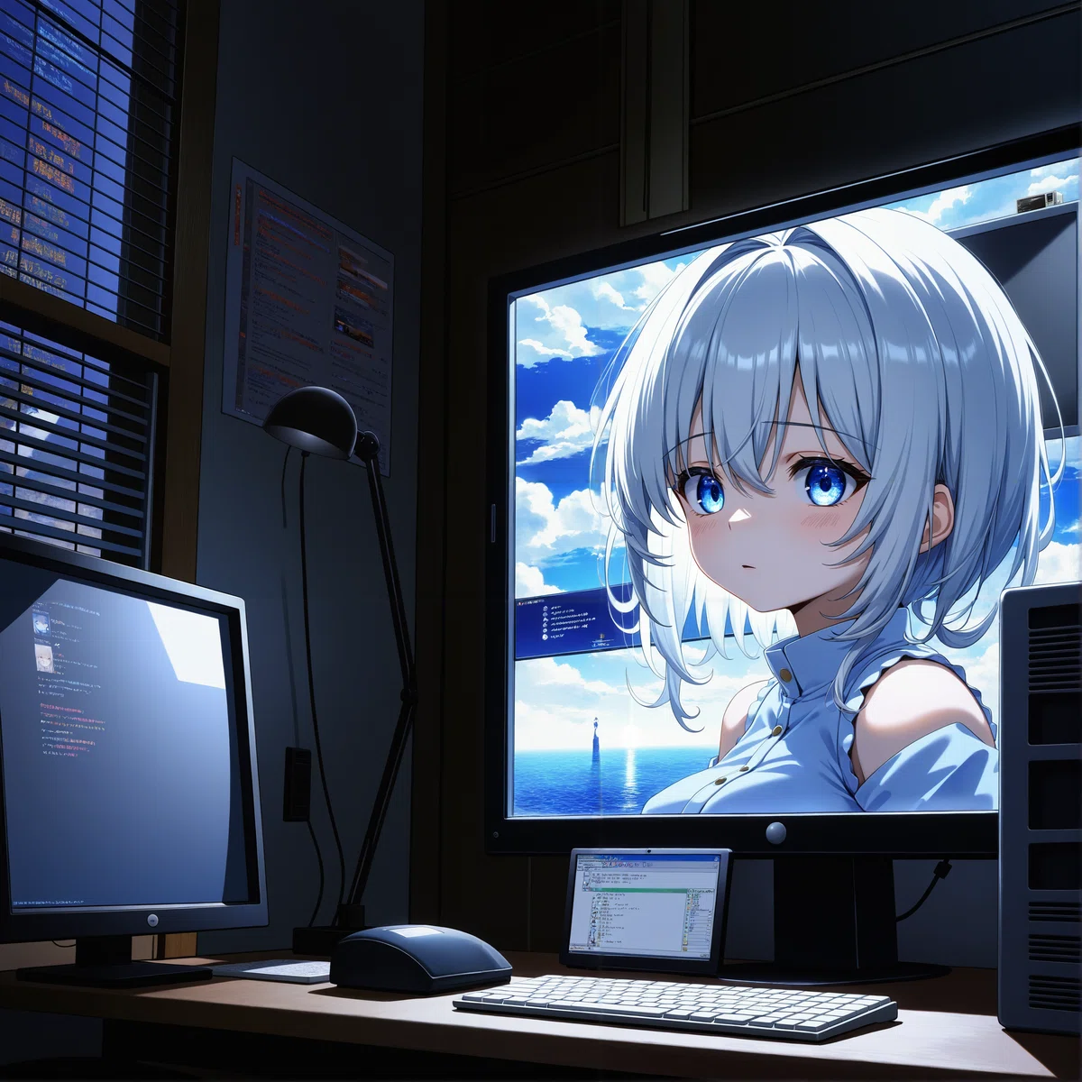 大きなパソコンのモニターに白い髪の女の子が写っているイラスト