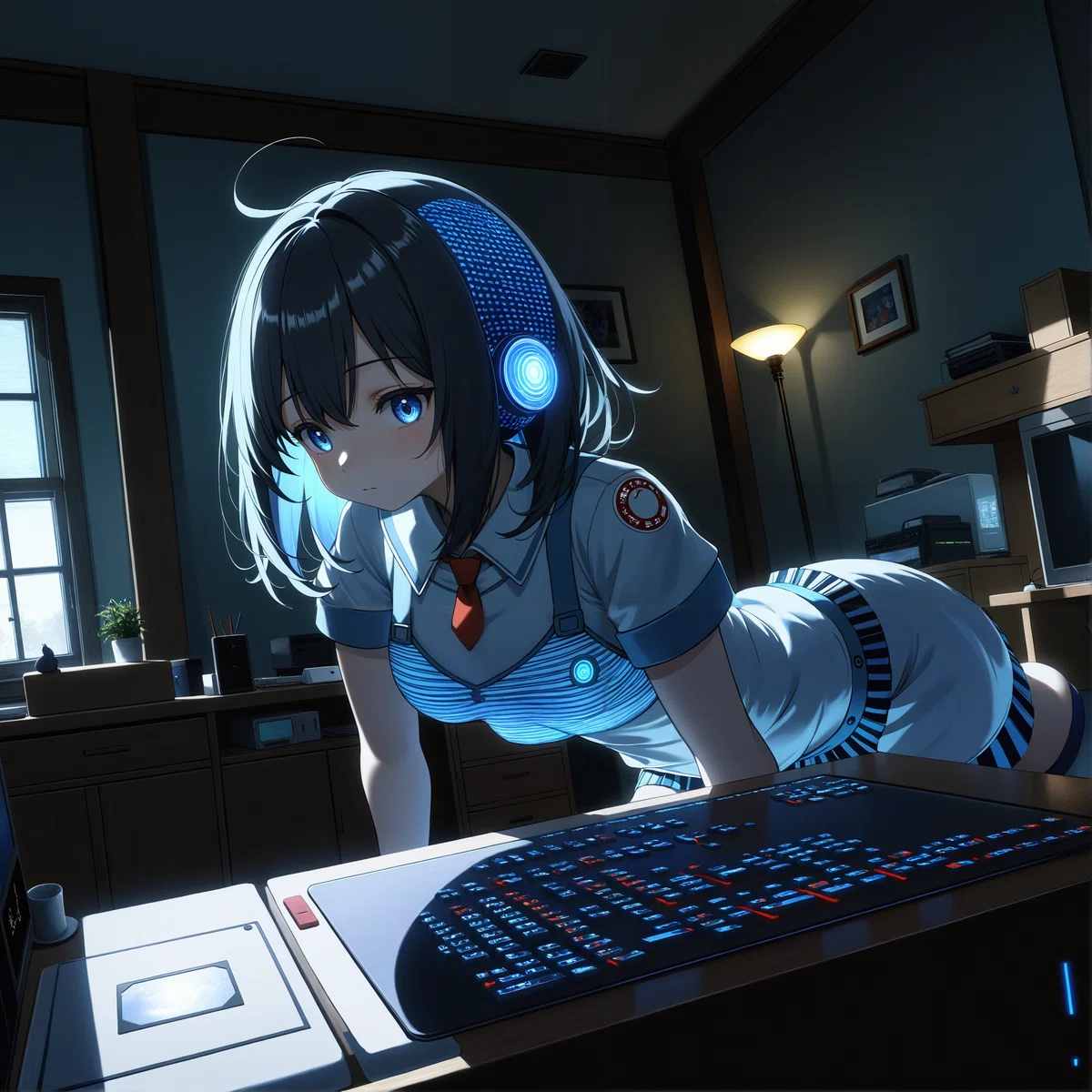 近未来的な格好をした女の子のVtuberが自室で配信をしているイラスト