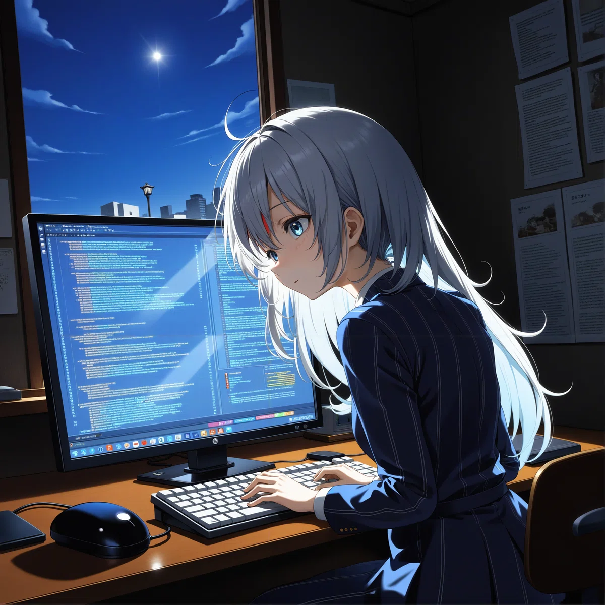 白い髪の若い女性が暗い自室でパソコンを操作しているイラスト2枚目