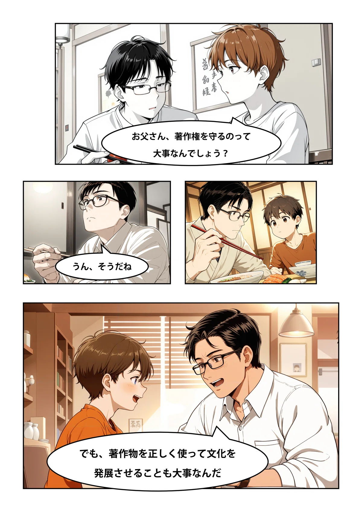 親子が著作権法の意義について説明している4コママンガ