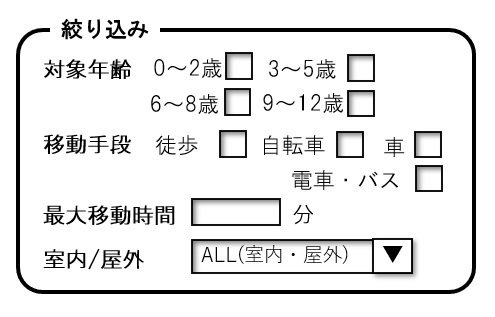 対象年齢、徒歩や車などの移動手段、最大移動時間、室内か屋外か、といった項目が絞込み対象として表示されている。