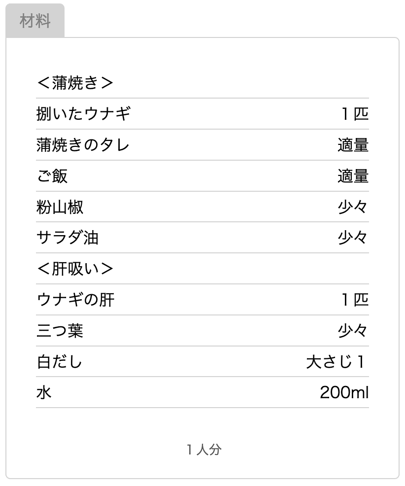 ＜蒲焼き＞
	
﻿
捌いたウナギ
	
１匹
蒲焼きのタレ
	
適量
ご飯
	
適量
粉山椒
	
少々
サラダ油
	
少々
＜肝吸い＞
	
﻿
ウナギの肝
	
１匹
三つ葉
	
少々
白だし
	
大さじ１
水
	
200ml
１人分