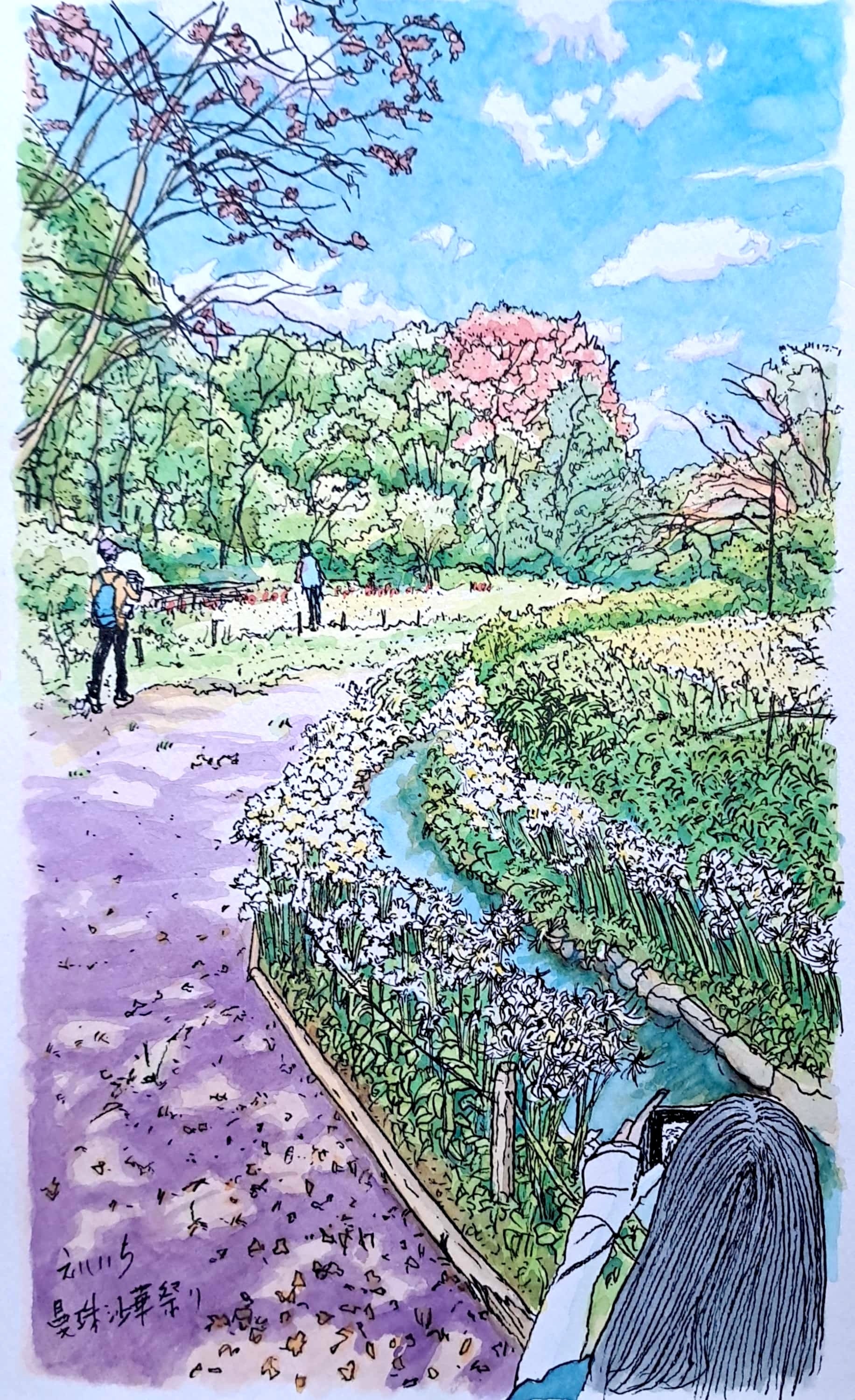 水彩画 風景画「森はカタクリの花盛り」 真作 （水彩画 描き方