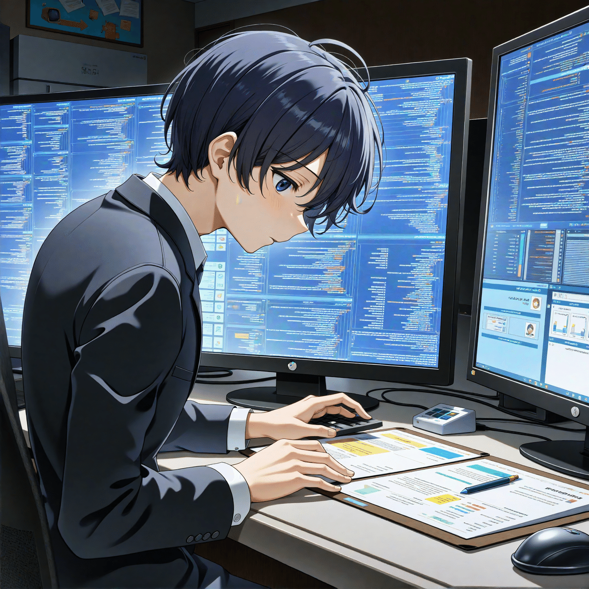 Illustration of a young man, a systems engineer, working on a computer monitor at his workplace close up