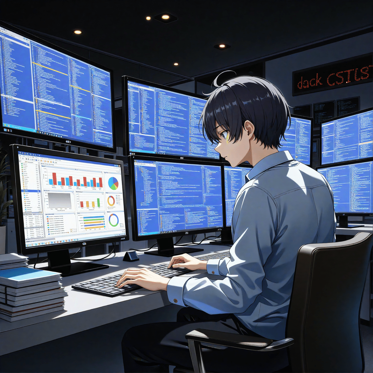 Illustration of a young man, a systems engineer, working on a computer monitor at his workplace