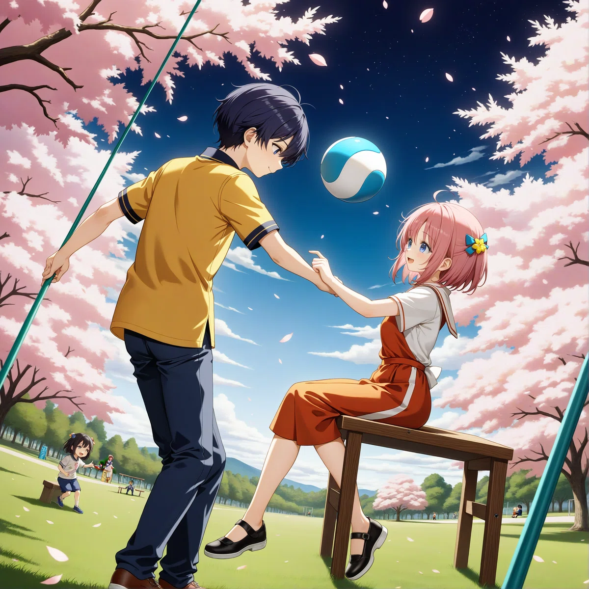 ビンク色の髪の女の子と少し年上の黒髪の男の子が桜の咲く春の公園でボール遊びをしているイラスト