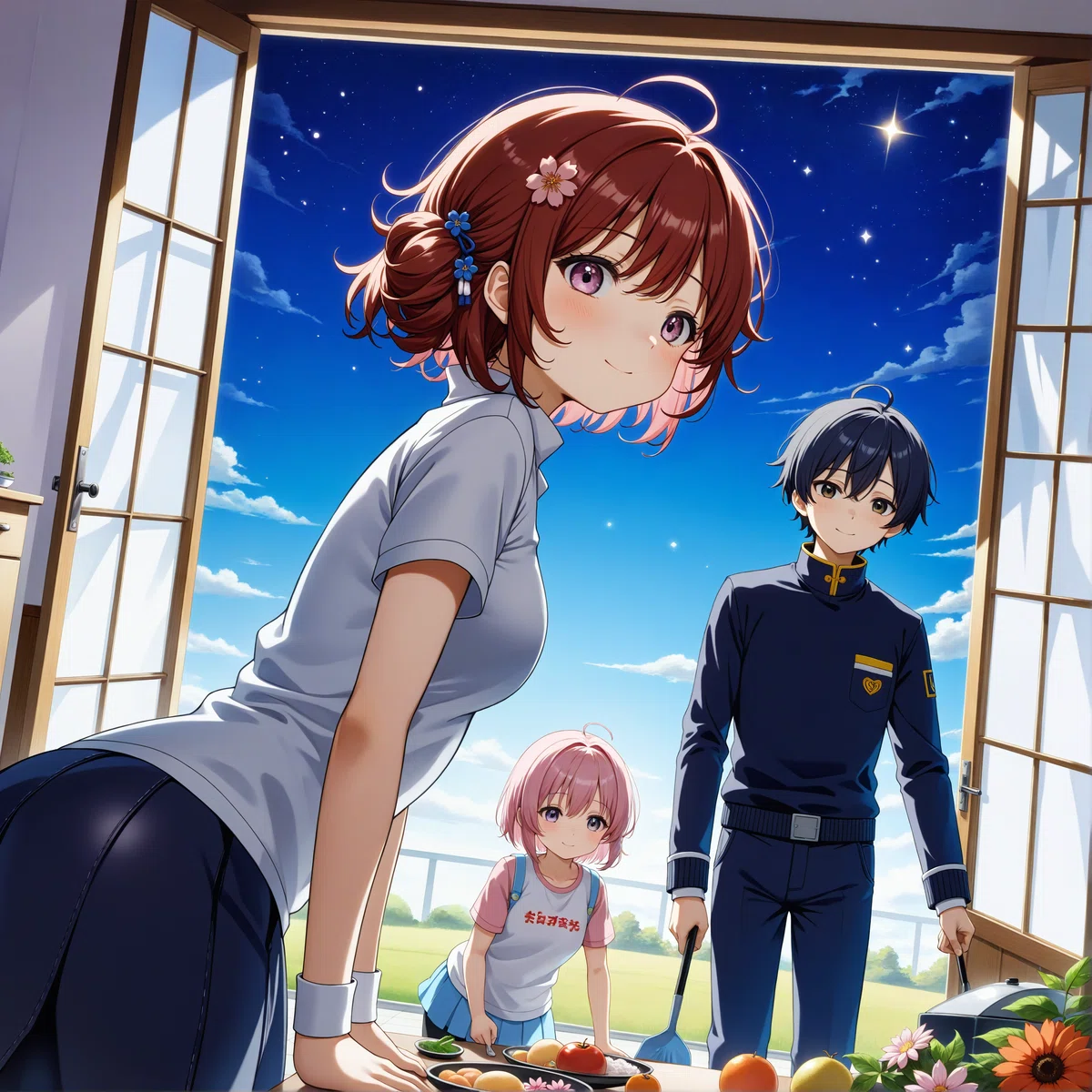 ビンク色の髪の女の子が少し年上の黒髪の男の子を家に連れてきてお母さんが笑顔になっているイラスト